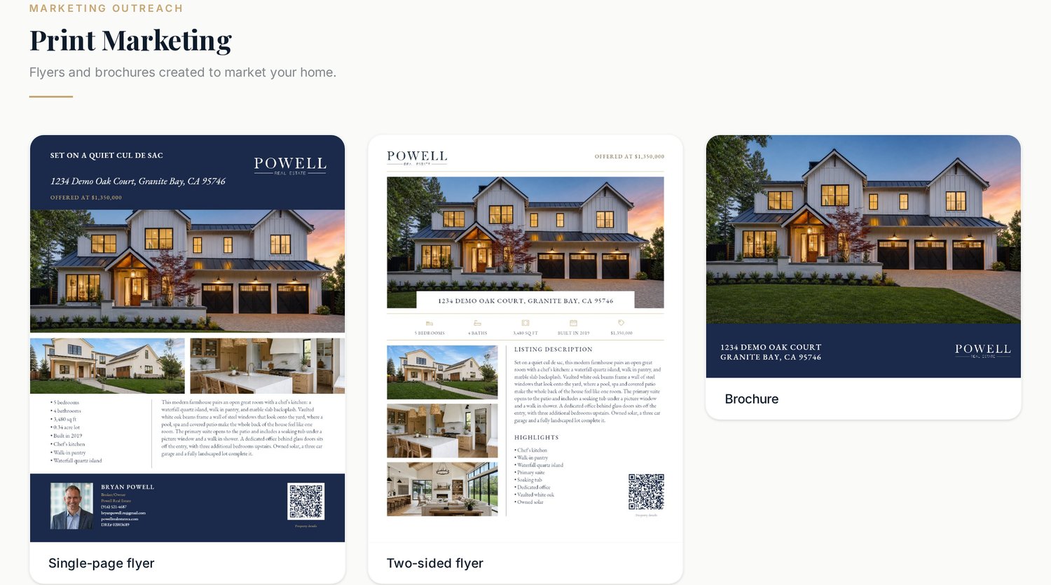 The Print Marketing section of a Seller Hub, showing the flyers and brochure the agent switched on