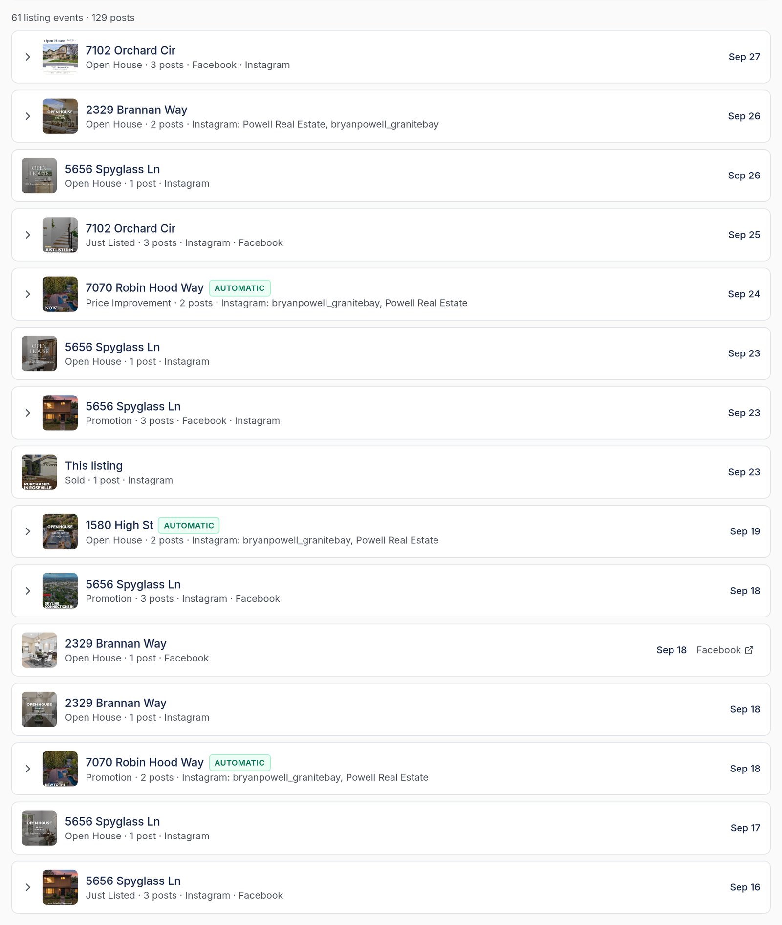 Published posts in LaunchListing, grouped by listing event, across Instagram and Facebook