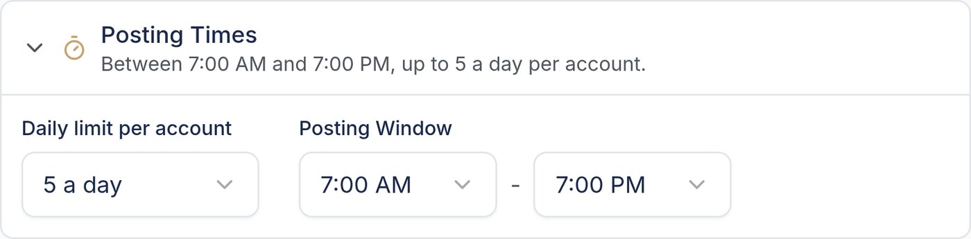 Posting times in LaunchListing: a daily limit per account and the earliest and latest hour anything may publish