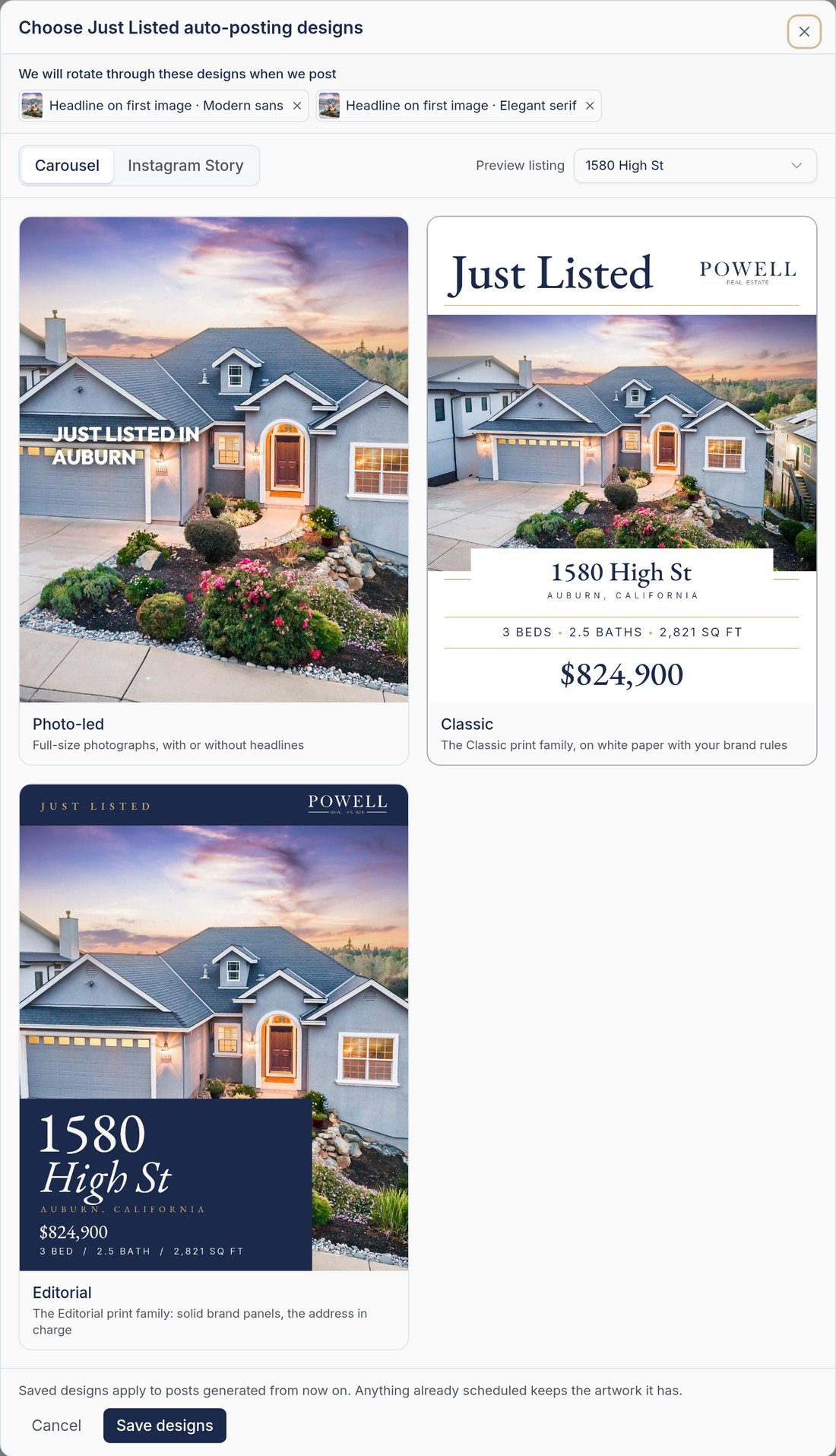 Choosing the designs an event posts with in LaunchListing: Photo-led, Classic and Editorial, each drawn on the agent's own listing