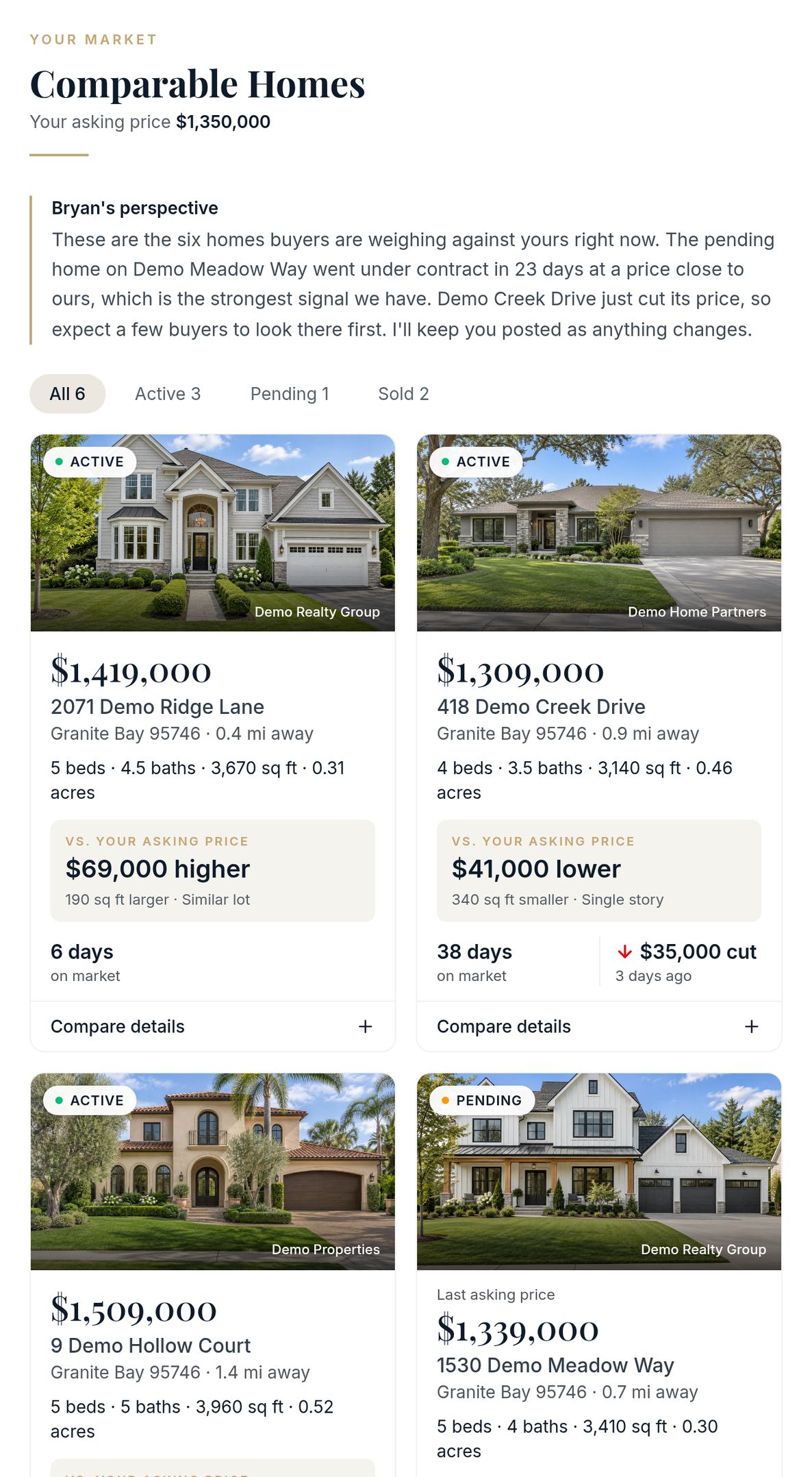 Comparable homes in the Seller Hub