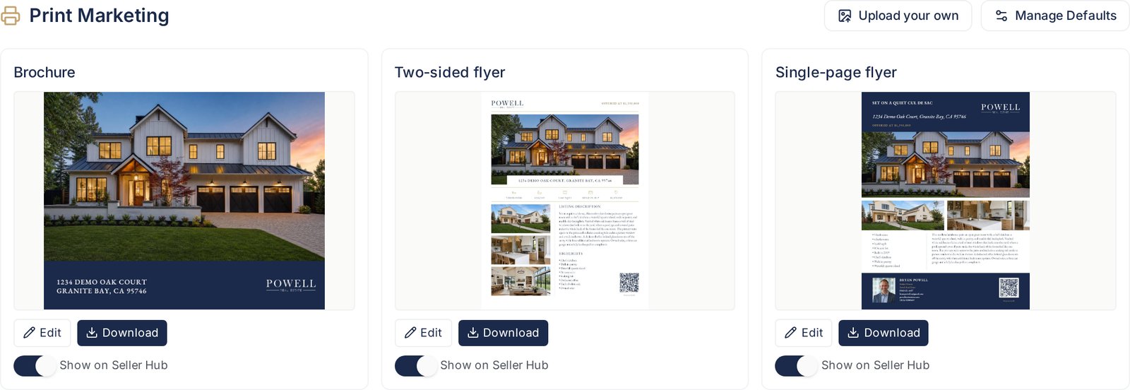 A listing in LaunchListing with its brochure, two-sided flyer and single-page flyer already prepared