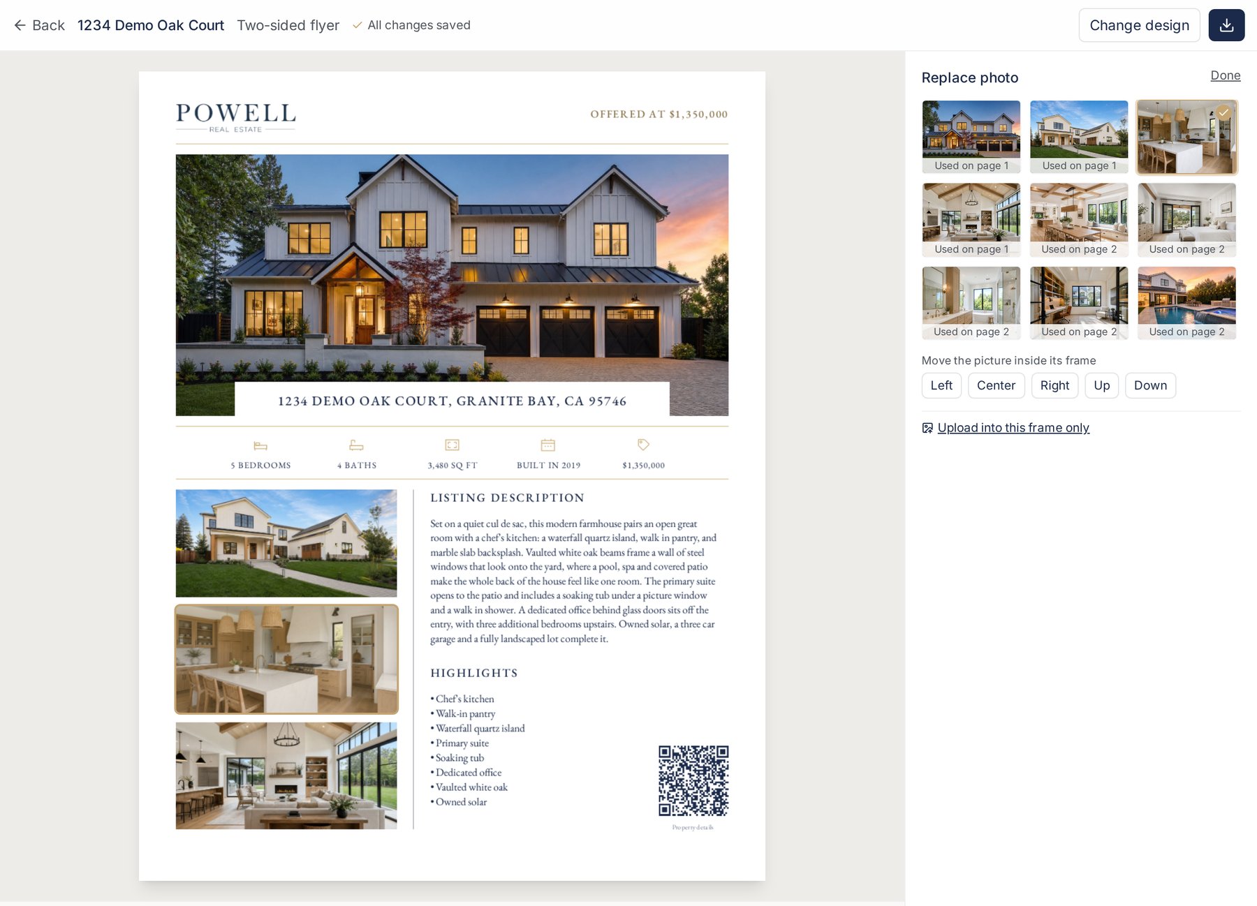 The flyer editor with a photo selected and the list of the listing's other photos open